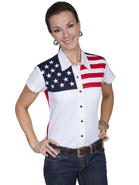 A woman wearing an american flag shirt.