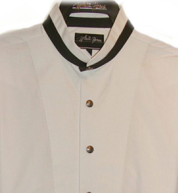 A white tuxedo shirt with black collar and cuffs.