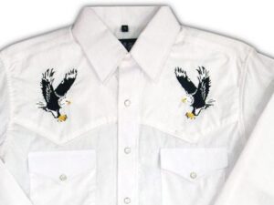 A white western shirt with eagles embroidered on it.