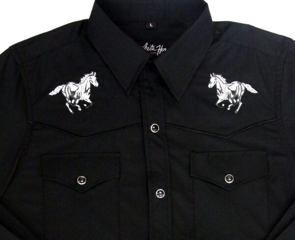 A black cowboy shirt with a horse embroidered on it.