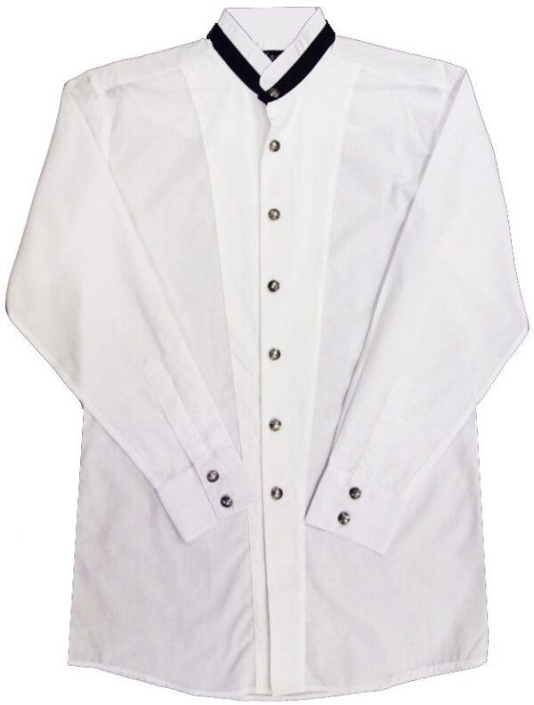 A white tuxedo shirt with black collar and cuffs.