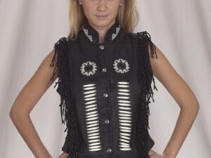 Womens Native Themed Black Leather Bone Beaded Fringe Vest