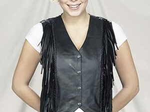 Womens black leather full fringe western snap vest Image