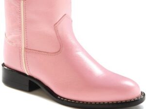 A pair of pink cowboy boots on a white background.