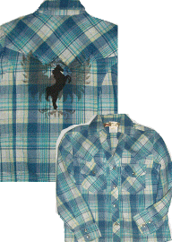 A blue and white plaid shirt with a horse on it.