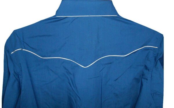 The back of a blue jacket with white stitching.