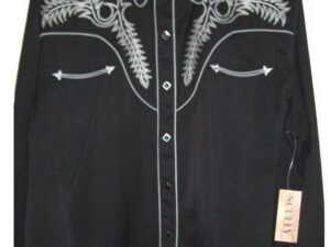 A men's black western shirt with white embroidery.