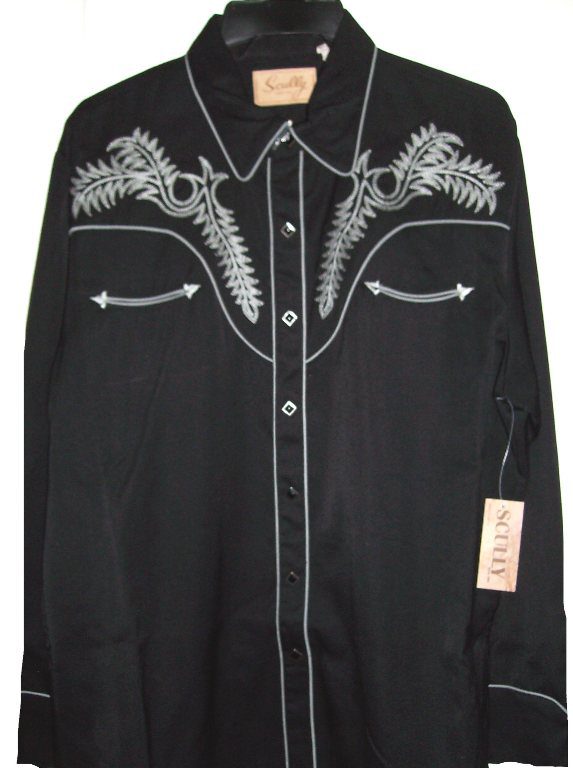 A men's black western shirt with white embroidery.