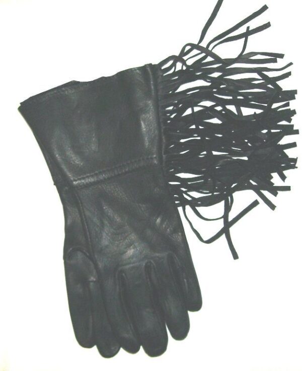 A pair of black leather gloves with fringes.