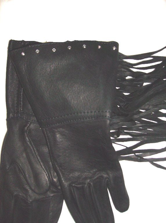Deerskin Leather Black Fringe Rhinestone Gloves USA