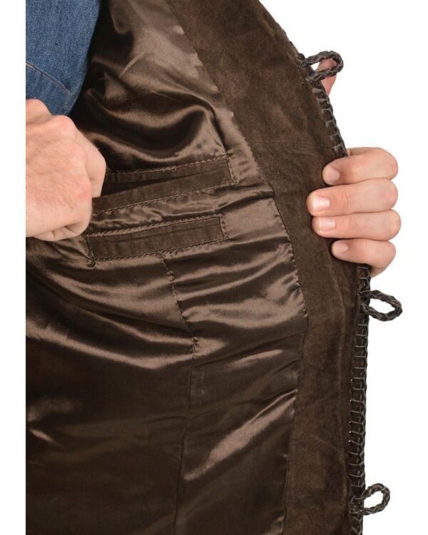 A man's brown leather jacket with a zippered pocket.