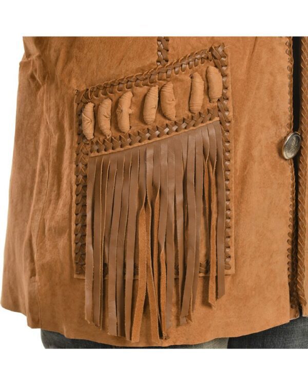 A brown leather jacket with fringes on the pockets.