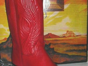 A pair of red cowboy boots in front of a box.