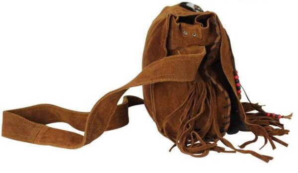 A brown suede bag with fringes and tassels.