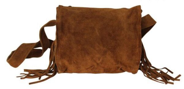 A brown suede bag with fringes on it.