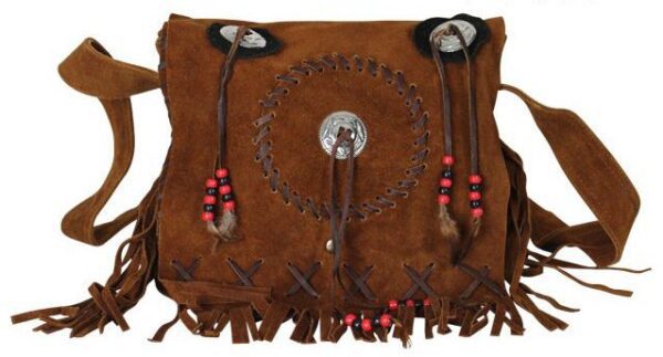 A brown suede bag with fringes and beads.