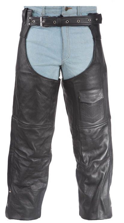 A men's leather pant with a belt and pockets.