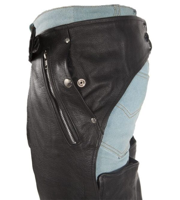 A black leather motorcycle pant with a zippered pocket.