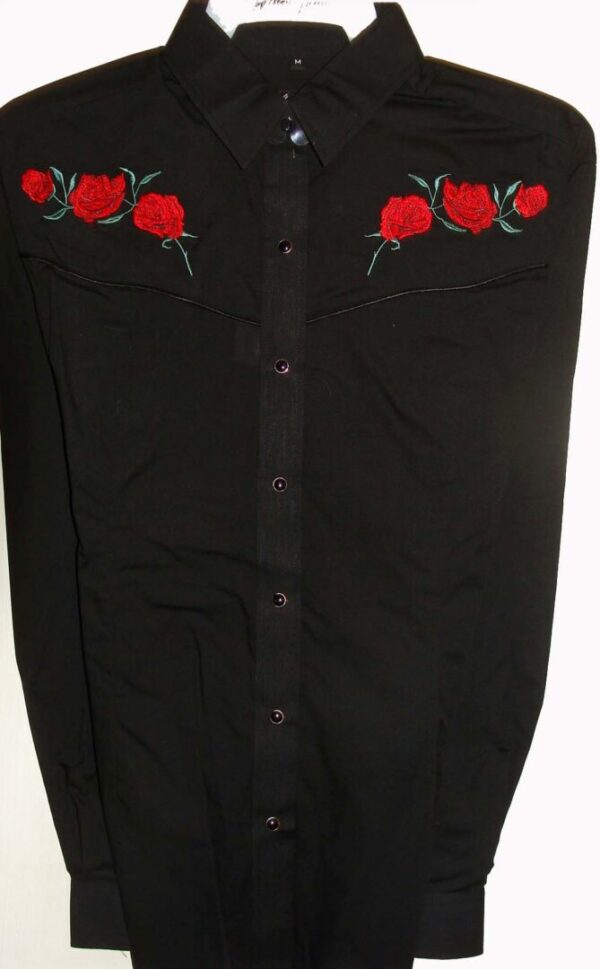 A black shirt with roses embroidered on it.