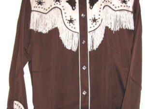 A brown and white western shirt with fringes.