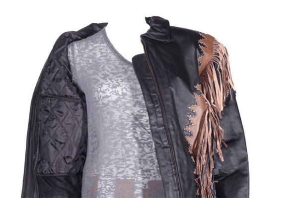 A black and brown leather jacket with fringes.