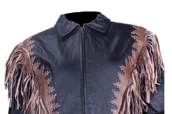 A women's leather jacket with fringes.