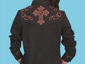 The back view of a woman wearing a black cowboy jacket with a cross on it.