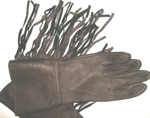 A pair of brown leather gloves with fringes.