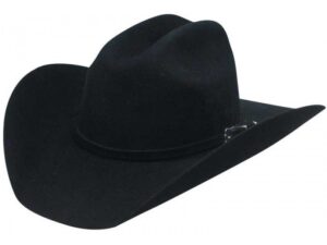 A Top Champ 4X Black Wool Cattleman Cowboy Hat on a white background.