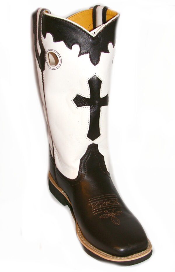 A black and white Western Cross cowboy boot with a cross on it.