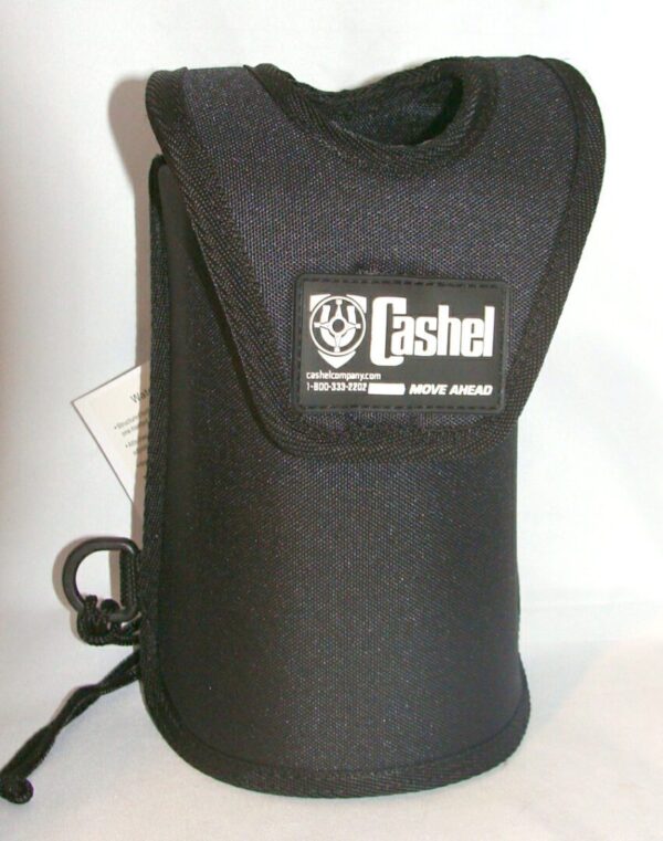 A black pouch with the Horse Saddle water bottle holder by Cashel on it.