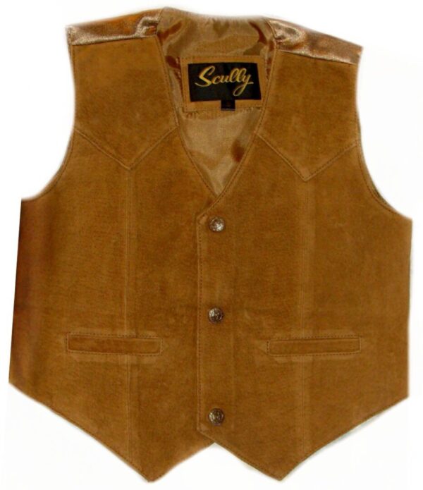 A Scully Kids Bourbon Boar Suede Western vest with buttons on the front.