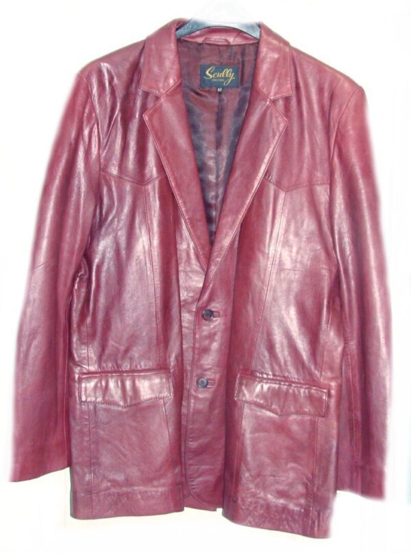 A Mens Scully Black Cherry Lambskin Leather Western blazer hanging on a hanger.