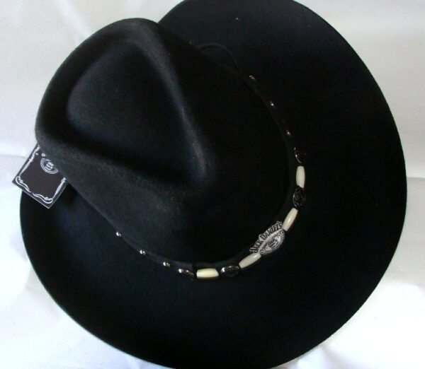 A Jack Daniel's "Buffalo" black wool cowboy hat USA with a beaded band.