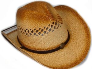 A Tea Stain Vented Straw Rafia cowboy hat on a white background.