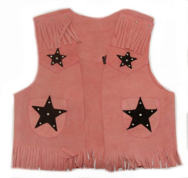 A "Calamity Pink" Girls suede skirt and vest set with black stars and fringes.