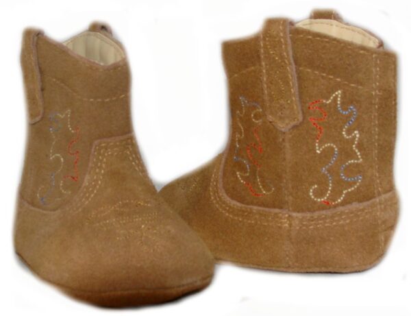 A pair of "Smoky Mtn" Roughout Tan leather baby cowboy boots with embroidered designs.