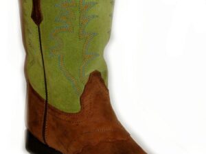 A brown and "Green Showdown" Distressed womens cowboy boot on a white background.