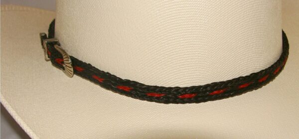 A black and red cowboy hat with a Sterling Silver Buckle, Black & Red Horse hair hat band - USA.