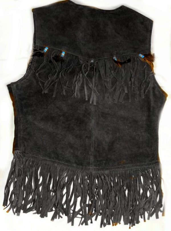 An Indian style BLACK Suede fringe vest with fringes on it.