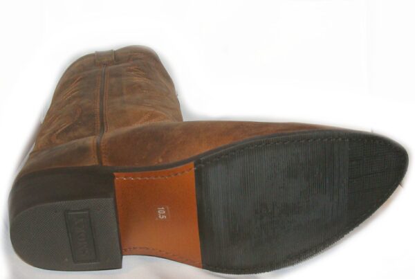 A close up of the "Denver" Mens 10.5 WIDE Brown leather Cowboy boots.