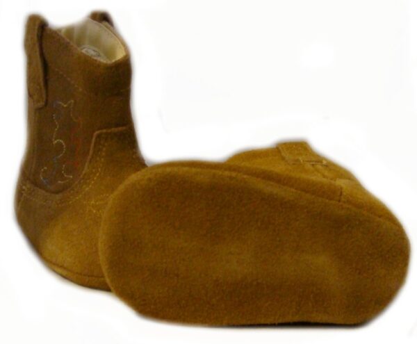 A pair of "Smoky Mtn" Roughout Tan leather baby cowboy boots on a white background.