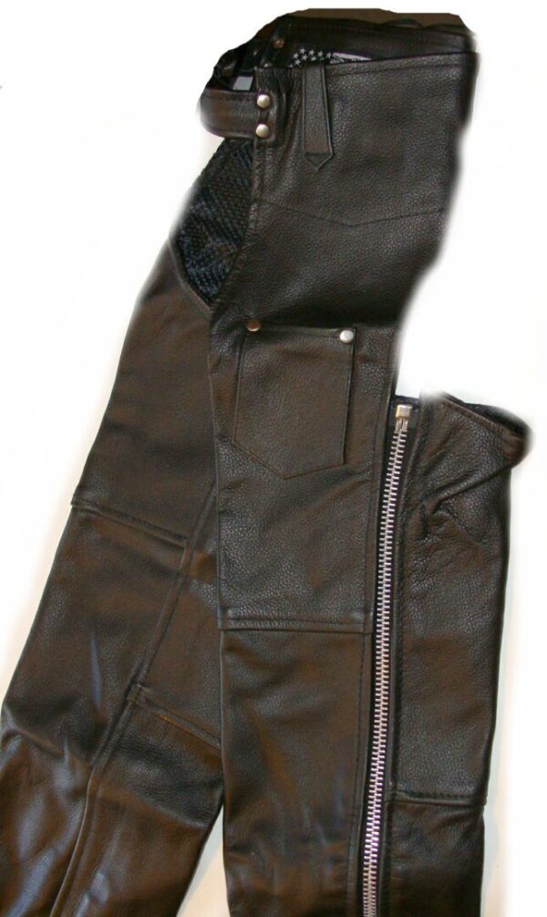 A pair of Child Smooth Black leather chaps with zippers and zippers.