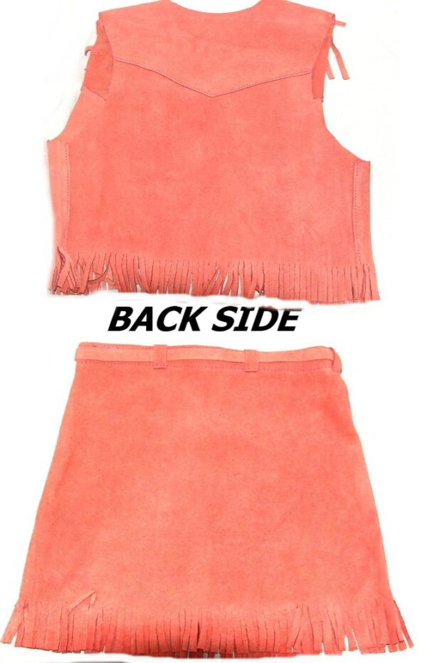 A Calamity Pink suede skirt and vest set with fringes on the back side.