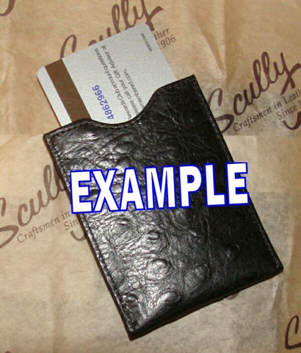 A black leather wallet with the word example on it.