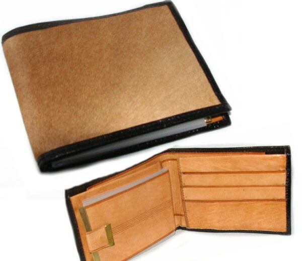 A Hair on Hide Mens leather western wallet with a brown leather and tan leather.