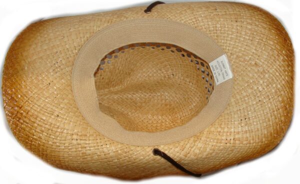 A Kids Natural Vented Straw Rafia cowboy hat on a white background.