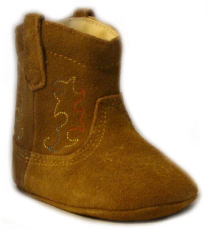 A pair of "Smoky Mtn" Roughout Tan leather baby cowboy boots with embroidered designs, perfect for little cowboys and cowgirls.