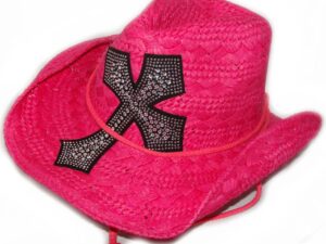A Hot Pink Western Cross straw cowboy hat with a draw string.