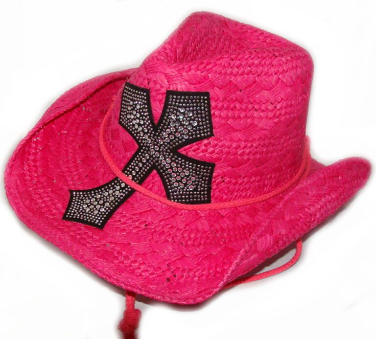 A Hot Pink Western Cross straw cowboy hat with a draw string.